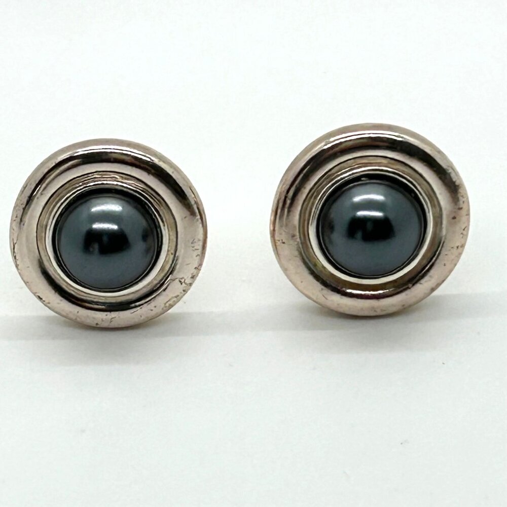 Vintage Carolee Clip-on Earrings Silver-tone Faux Black Pearl Button Modernist - Picture 2 of 14